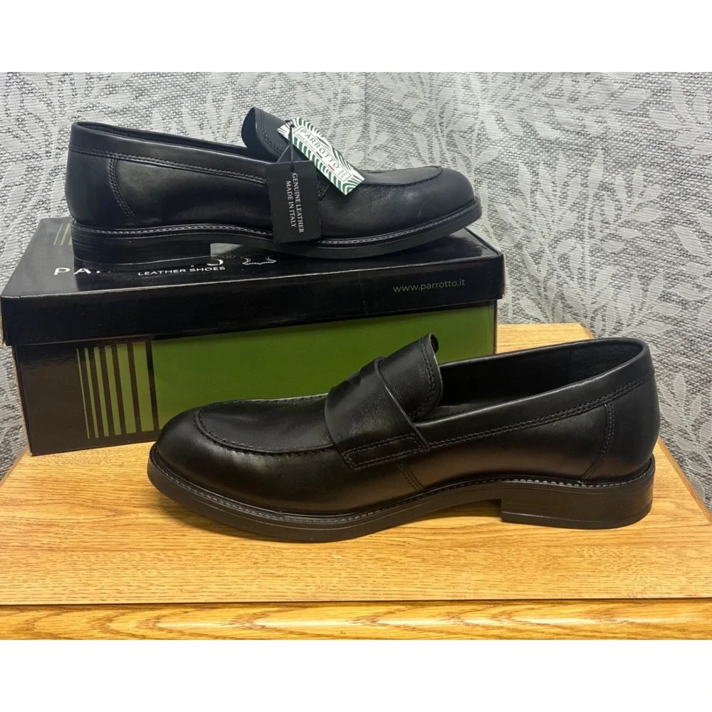 NIB Parrotto Mens Black Genuine Leather Loafers 12 Dress‎ Shoes Made in Italy